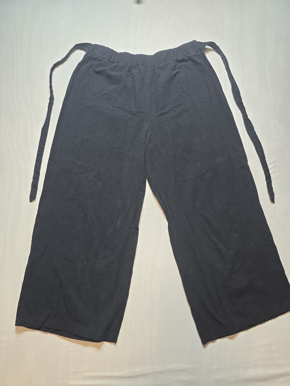 Black Wide-legged Cotton Pants Lounge Yoga Karate Women M/L Built-in Tie Belt